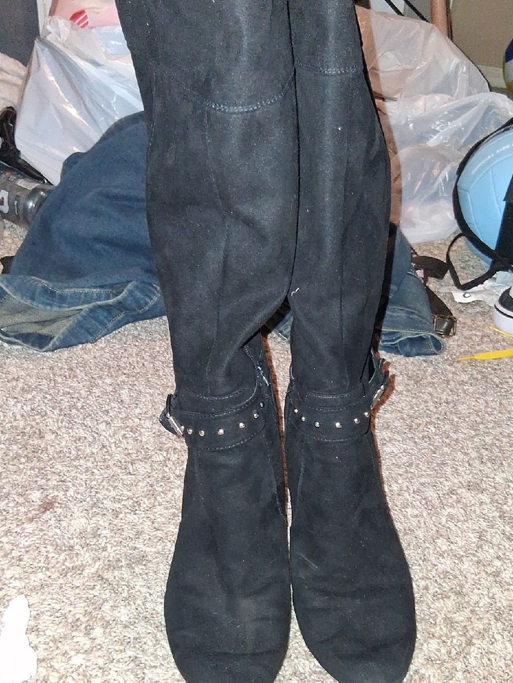 Kelly & Katie Black Suede Studded Knee-High Heeled Boots